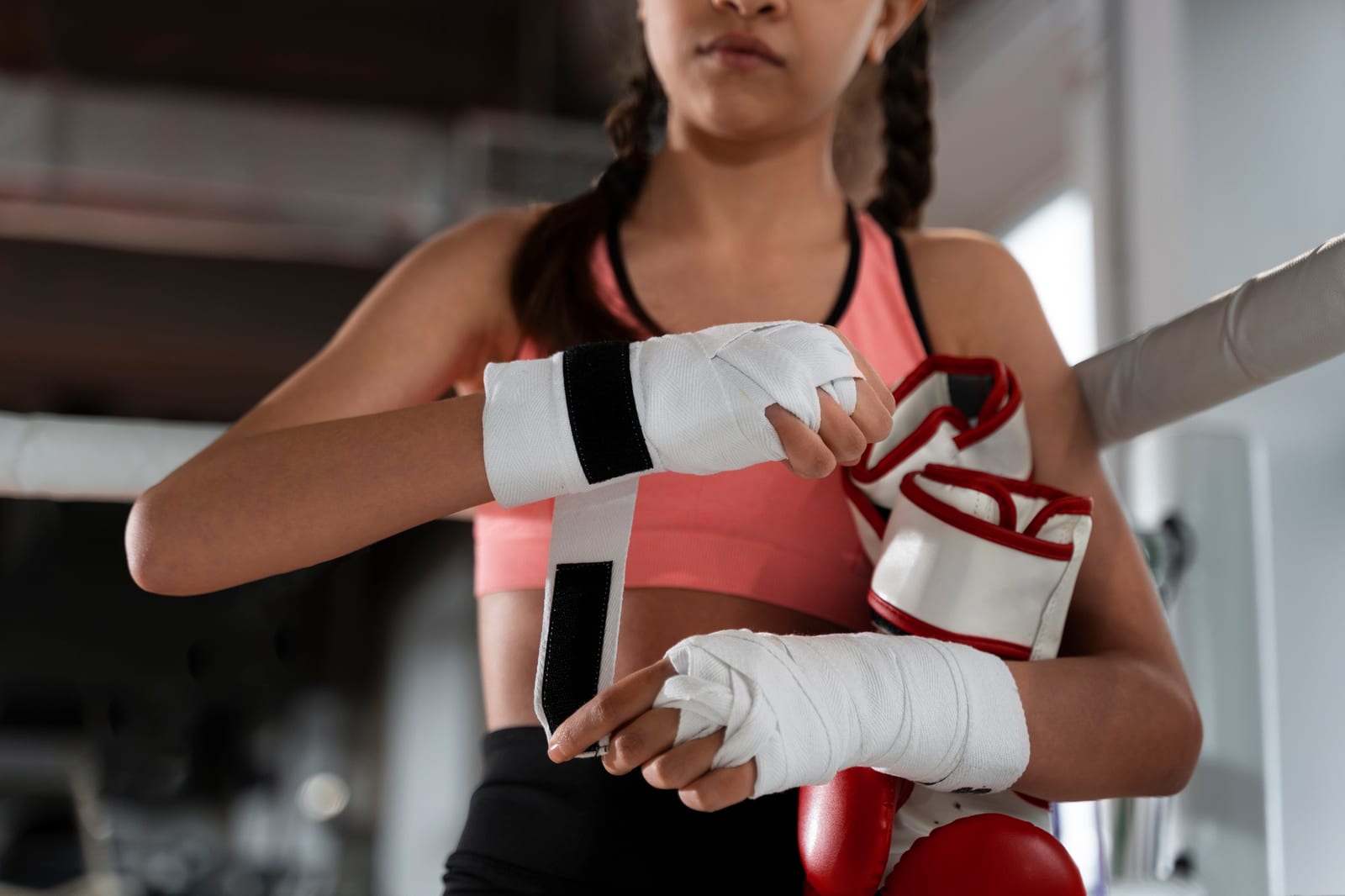 A student with hand wraps holding boxing gloves at the edge of the training area.